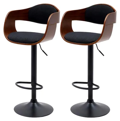 Produktbild von Barhocker 2er Set mit Lehne Kingston, gepolsterte Barstühle mit Kunstleder- oder Stoffbezug, höhenverstellbare Tresenstühle, Farbe: Walnuss/Schwarz, Material: Stoff