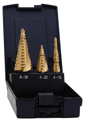 Obrázok produktu pre Exact 07014 HSS Step drill bit set 3-piece 4 - 12 mm, 4 - 20 mm, 6 - 30 mm TiN Triangular shank 1 Set