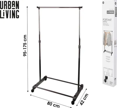 A clothing rack with dimensions indicated, shown against a white background. A product box with an image of the clothing rack is visible on the right.