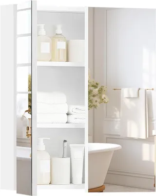 Produktbild von Badezimmerschrank mit Spiegel, mit 2 Türen, Verstellbarem Einlegeboden, Spiegelschrank Bad Breit Weiß für Badezimmer 50x13x60 cm