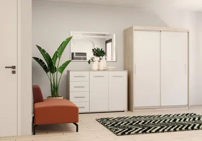 Obrázek produktu pro sada 2 skříní s posuvnými dveřmi Šatní skříň bez zrcadla Sonoma/bílá 150cm Vista 04 s komodou 135cm FRIDA 01