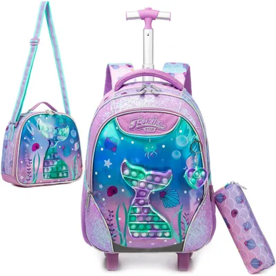 Image de Sac à roulettes pour filles, bleu et violet, avec sac à lunch et trousse, 43 cm