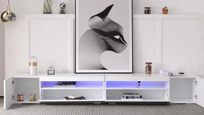 Zdjęcie produktu dla Sweiko biała nowoczesna szafka TV, jasny panel, zmienne oświetlenie LED, salon i jadalnia 240 cm (panel błyszczący, nie wysoki połysk)