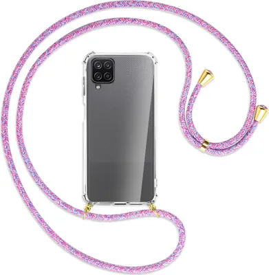 Produktbild von Handykette Backcover-Schutzhülle mit Band (Metall goldfarben) für Samsung Galaxy A12 - lila/rosa/blau