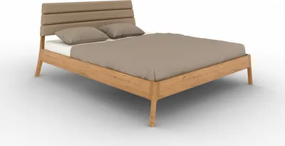 Produktbild von Bett Swig 2 Wildeiche massiv 120x200 mit Polsterkopfteil Beige und Holzbeinen