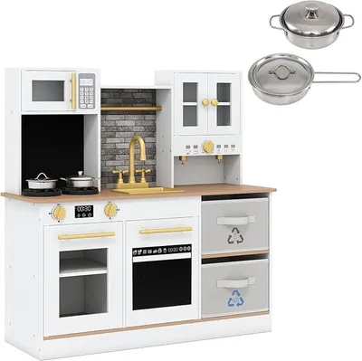 Imagen del producto de Cocina de juguete con luces y sonidos, cocina infantil con placa de cocina, fregadero, microondas, horno y 2 cajones de tela. Incluye accesorios y armarios. Cocina de madera para niños a partir de 3 años (color natural)