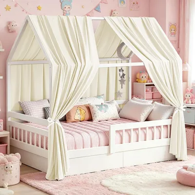 Produktbild von Beige Betthimmel für Hausbetten, 2 Stück, 270 x 67 cm, Vorhänge für Kinderbetten, Dekoration für das Kinderzimmer