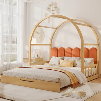 Produktbild von Flieks Kinderbett 140x100cm/140x200cm, Kinderbett mit Lattenrost und Ausziehbarem Bett, Massivholzbett Bodenbett Tagesbett Schiebebett mit gewölbtem Dach, Naturbelassen