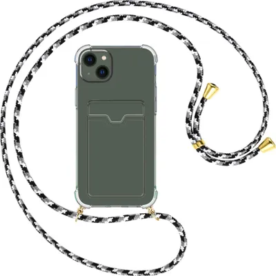 Produktbild von Handykette Backcover-Schutzhülle mit Band (Metall goldfarben) für Apple iPhone 15 Plus - schwarz/grau/weiß