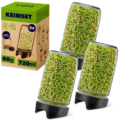 Produktbild von KADAX Sprossengläser 720 ml, 3er Set, Keimgläser mit Siebdeckel Ø 82 mm, Sprossen Anzuchtset, Anzuchtgläser für Brokkolisprossen, Keimset, inkl. Radieschensamen