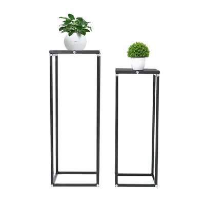 Productafbeelding van Bloemenstandaard, plantenstandaard, set van 2, metalen bloemenstandaard, bloemenpot, geschikt voor terras, antracietkleurig