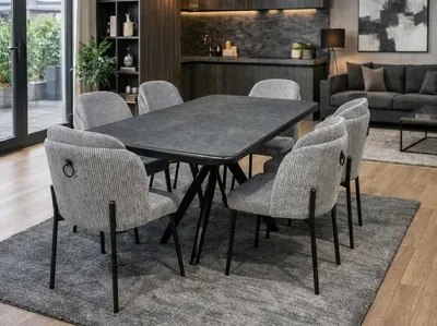 Zdjęcie produktu dla Stół jadalniany, 6 krzeseł, styl nowoczesny, kolor czarny, kształt prostokątny, Obraz wygenerowany przez AI