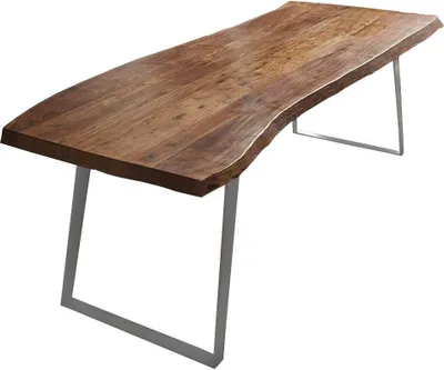Produktbild von Esszimmertisch 220x100 cm Halmstad, Baumkantentisch nussbaumfarben, Akazienholz massiv, schräges U-Gestell aus Metall Silber