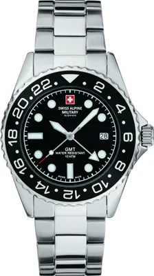 A studio shot of a Swiss Alpine Military GMT watch.