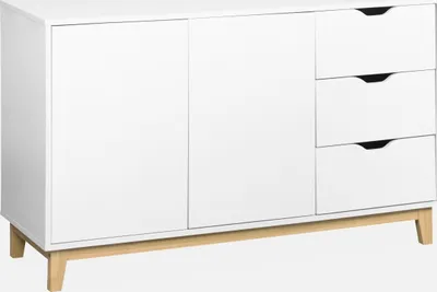 A white sideboard with wooden legs and handles, shown against a white background.