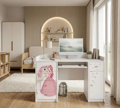 Produktbild von Happy Babies Computertisch mit Tastaturablage, Bürotisch mit Tastaturablage, 5 Schubladen, 1 Ablage, 125x89x60, Weiß, Motive, Aufkleber zur Auswahl,