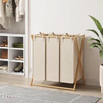 Obrázok produktu pre Lifewit 150L skladací kôš na bielizeň s 2 priehradkami, veľký bambusový kôš na bielizeň s rámom X, skladací kôš na bielizeň s 2 odnímateľnými vreckami do práčovne/kúpeľne/spálne, béžový