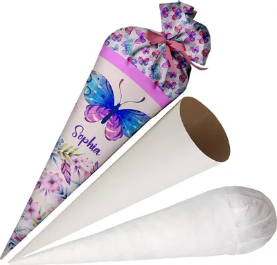 Produktbild von Školní kornout Ferocity se jménem pro dívky, personalizovaný kornout, vyrobený z látky 70 cm cukrový kornout s kartonovou záslepkou a výplní, velký kornout jako polštář motýl [149]