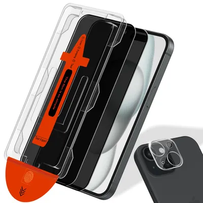 Produktbild von 2-Pack iPhone 15 Displayschutzfolie Privacy & 1-Pack Kameraschutz - Gehärtetes Glas | [Automatische Installation] - Blasenfrei