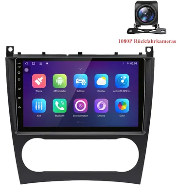 Image de Autoradio Android avec caméra de recul pour Mercedes-Benz Classe C (W203), compatible CarPlay et Android Auto, GPS intégré, navigation, 6+128 Go de stockage, 4G LTE, Wi-Fi, RDS, commandes au volant, BT, DAB+, écran de 9 pouces