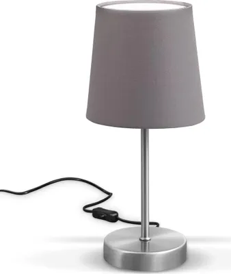 A table lamp with a gray fabric shade and a silver base, shown on a white background.