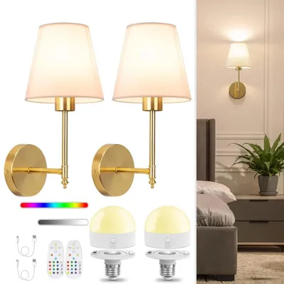 Zdjęcie produktu dla Zestaw 2 kinkietów – kinkiety LED – zasilane energią słoneczną – bezprzewodowe – z regulacją jasności RGB za pomocą pilota – abażur z tkaniny – styl vintage – złote