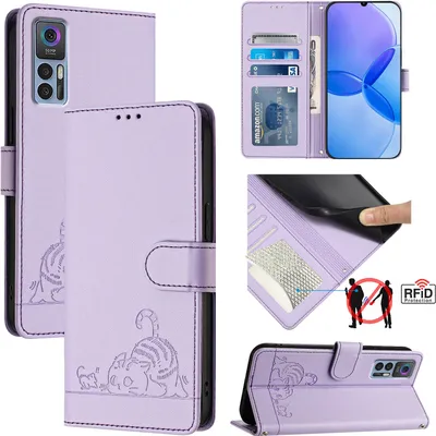 Produktbild von Leder Hülle für TCL 30 /TCL 30 5G /TCL 30+ Süße Katze Flip Case Brieftasche Schutzhülle mit Standfunktion Lila