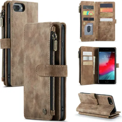 Image de coque iPhone 8 Plus, Coque en cuirPolyuréthaneavec fermeture à glissière, fermeture magnétique, pochette pour cartes, support, portefeuille, coque de protection pour iPhone 6 Plus / 6s Plus / 7 Plus / 8 Plus Marron