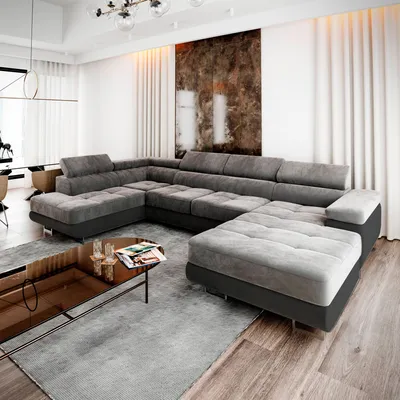 Produktbild von Masseno Ecksofa CASONE L-Form mit Schlaf- und naufbewahrung, U-Form, Schlafsofa, Ecksofa – Hellgrau, MONOLITH 84 + MONOLITH 95