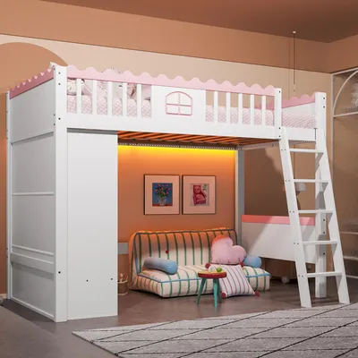 Produktbild von Traumhaftes LED-Hochbett mit Kleiderschrank & Schubladen, Kiefer Holz, Rosa-Weiß, 90x200cm