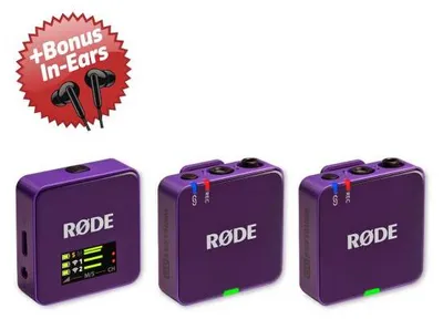 Zdjęcie produktu dla System mikrofonów bezprzewodowych Rode Wireless GO Gen 3 w kolorze fioletowym + słuchawki douszne w prezencie