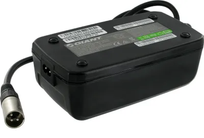 A black battery charger with a silver connector is shown against a white background.