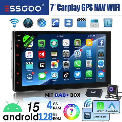 Produktbild von Autoradio 2 DIN 7 Zoll Touchscreen Android 15 GPS Navigation DAB+ Carplay Android Auto Bluetooth Freisprechanlage 128GB Speicher Rückfahrkamera Anschluss