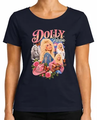 Immagine prodotto di Maglietta da donna, stile retrò, con la scritta "Dolly Parton", cantante di musica country, immagine di cowgirl e chitarra western, colore blu navy, taglia M