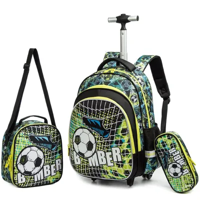 Produktbild von Rucksack mit Rollen für Kinder, 2 Rollen, Nylon, mit Essensbeutel und Federmäppchen, Fußball-Design, Grün