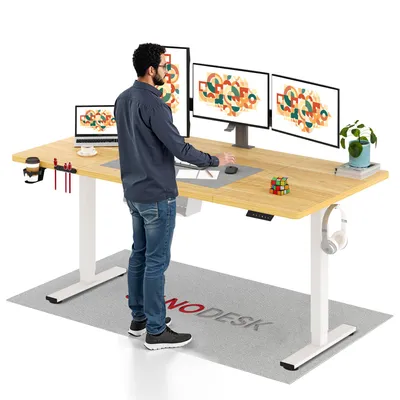 Produktbild von SANODESK Höhenverstellbarer Schreibtisch 180x80cm elektrisch 4 Memory-Funktion, Antikollisionsschutz, 70kg Tragkraft, mit Haken und Ablagebox (Ahorn)