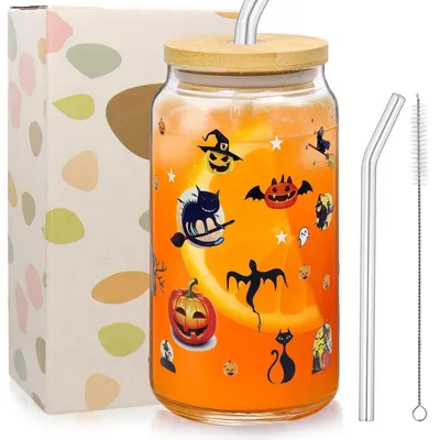 Productafbeelding van Halloween mok, 500 ml, van glas met deksel en rietje, met pompoen- en spookmotief
