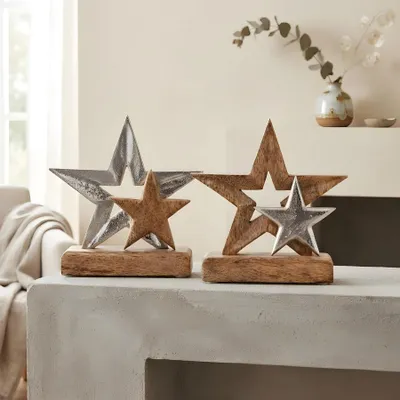 Produktbild von Deko Sterne 2er Set Tischdeko Mangoholz Metall Silber Weihnachtsdeko 15cm