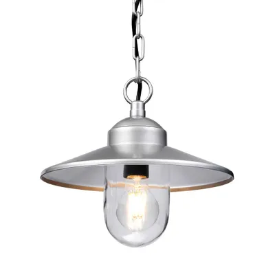 A silver industrial-style pendant light with a clear glass shade, shown against a white background.