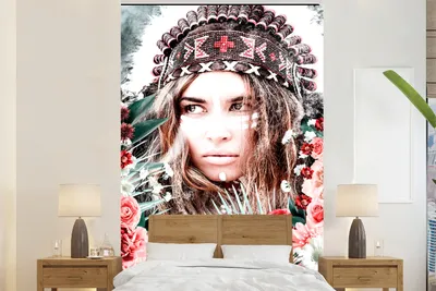 Produktbild von MuchoWow® Fototapete für Wohnzimmer oder Schlafzimmer Wandtapete Vinyl Motivtapete Frau - Blumen - Indischer Kopfschmuck - Rosen - Blumen - 145x220 cm - Wanddekoration