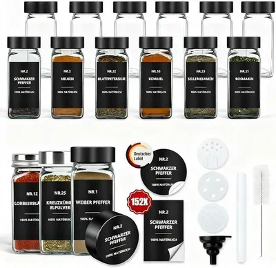 Produktbild von Famanu Kräuterbehälter Set, quadratisch, mit Etiketten, 12 Stück, Glas, 120 ml, mit Streueinsatz