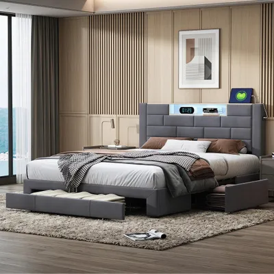 Produktbild von INONEFT Polsterbett 160x200cm mit USB und Steckdosen, Jugendbett Doppelbett mit 3 Schubladen, Stauraumbett mit LED und Lattenrost, Samt, Grau