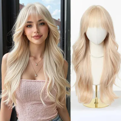 Immagine prodotto di Parrucca sintetica lunga e ondulata - capelli biondi con frangia