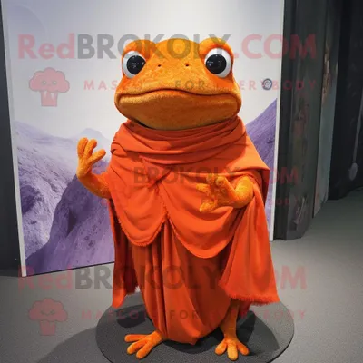 Produktbild von Orangefarbener REDBROKOLY Frosch Maskottchen Kostüm charakter bekleidet mit einem Wickelkleid und Schalnadeln