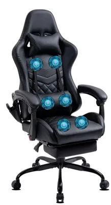 A black gaming chair with a footrest and massage features.