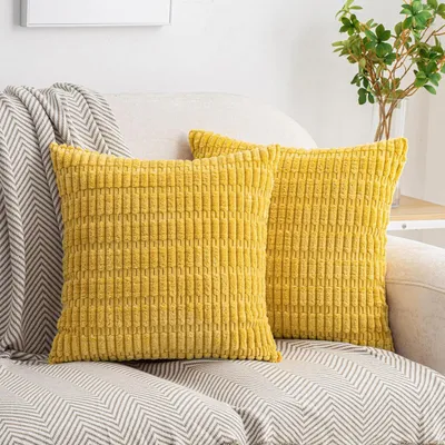 Obrázek produktu pro Pohodlné povlaky na polštáře, materiál: corduroy, proužkované, rozměr 40 x 40 cm, barva: hořčicová, sada 2 kusů