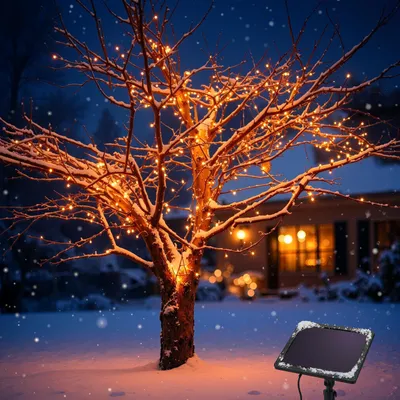 Produktbild von esotec Solar LED-Lichterkette 200 LEDs bernsteinfarben, 20m, winterfest 102569, KI-generiertes Bild
