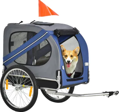 Produktbild von 2-in-1 Haustieranhänger, Fahrradanhänger, klappbar, bis 20 kg, Regenschutz, Sicherheitsfahne, Reflektoren, Stahl, Grau+Blau, 130 x 73 x 90 cm