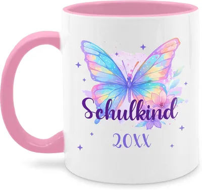 Produktbild von Kaffeetasse 325 ml - Schulanfang - Schmetterling Geschenk mit Name und Jahreszahl personalisiert
