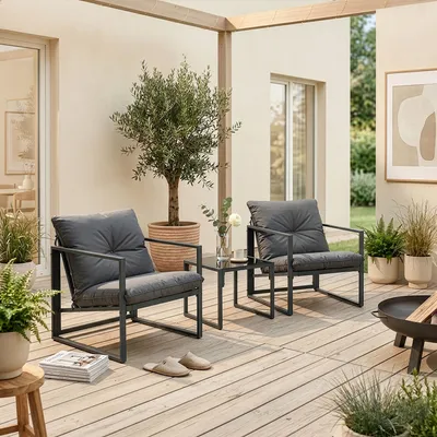Produktbild von Loungeset 'Karg' 3-tlg. outdoor Couchtisch mit 2 Sesseln Kissen Metall Dunkelgrau